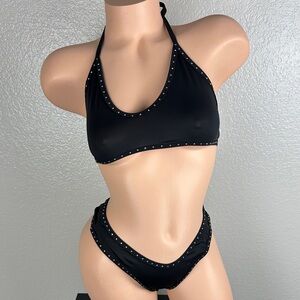 NEW Bling Plain Black Cheeky Halter Exotic Dancer Stripper Outfit Set OS